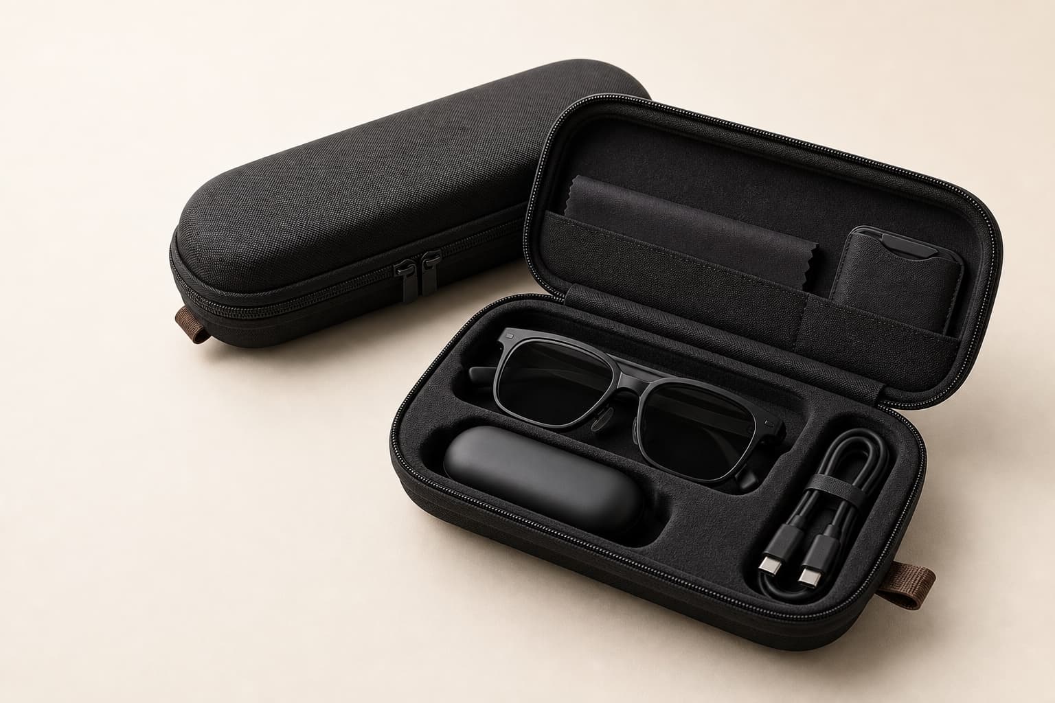Smart eyewear travel organizer with glasses, charging case and cable storage